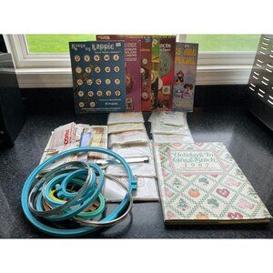 Vtg Embroidery Package Lot Of Cross Stitch Fabric Books Patterns Hoops Magnifier
